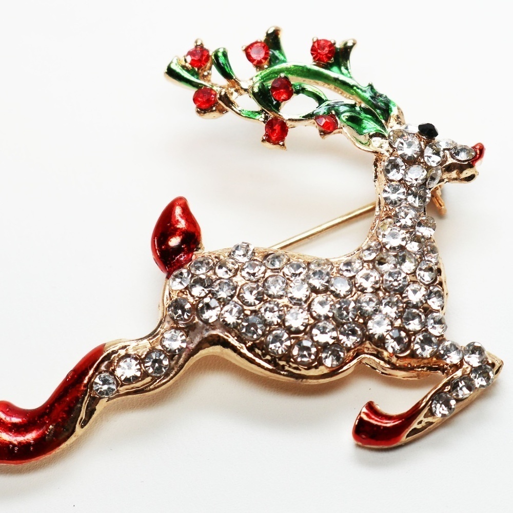 Rudolph the Red-Nosed Reindeer Brooch Cubic Zirconia Encrusted Holiday Pin 🦌 - Picture 3 of 12